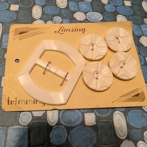 Vintage White Buttons & Belt Buckle On Original Card